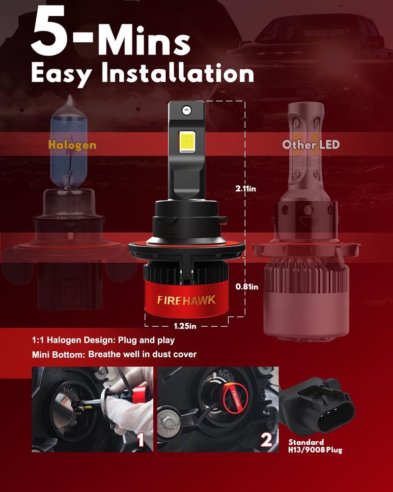 Firehawk H13/9008 Bulbs 70000LM Pure White 6000K Plug & Play IP68 Waterproof Fog Light, Pack of 2 - Image 5